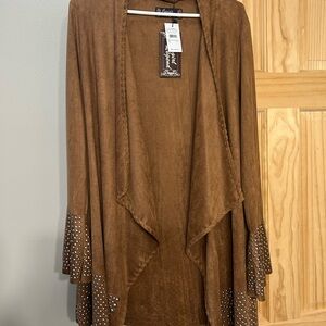 Brown Faux Suede Open Front Jacket with Studded Cuffs